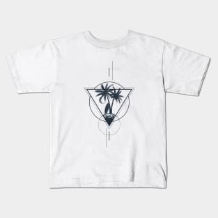 Palms, Surfboard And The Moon. Geometric, Line Art Style Kids T-Shirt